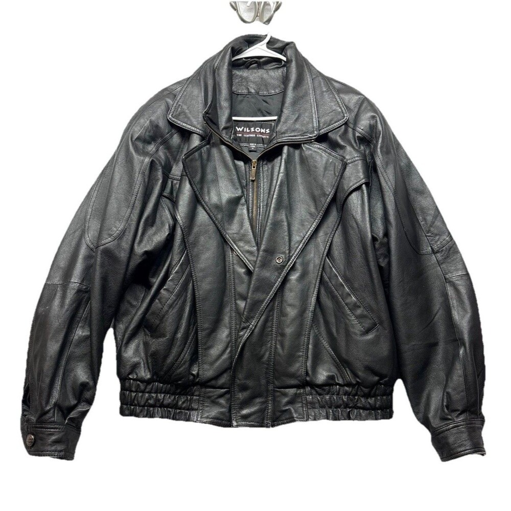 Wilsons Soft Leather Black Bomber Collared Jacket Mens M Zip-Up Grunge Heavy